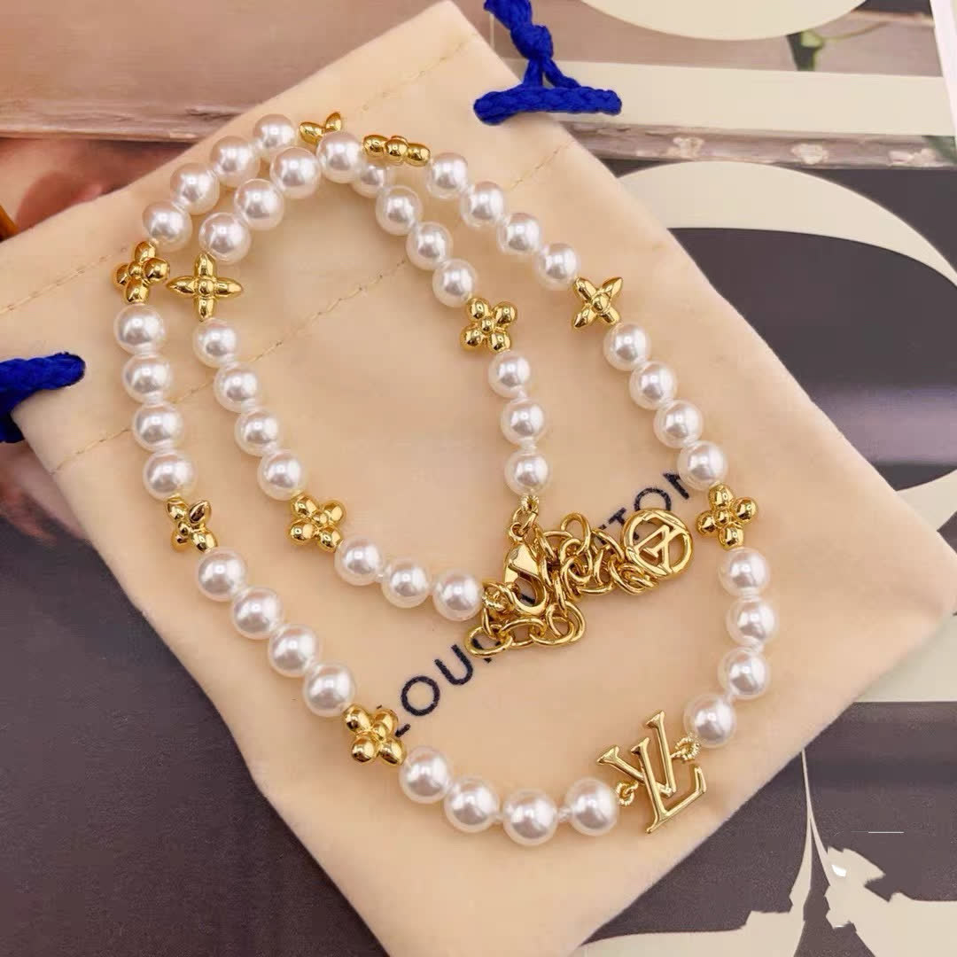 Louis Vuitton Pearl & Gold Bracelet and Necklace Set